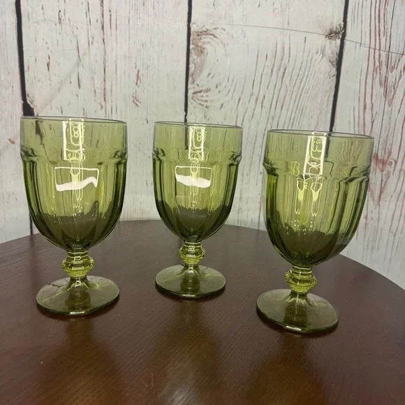 Vintage Libbey Gibraltar Duratuff USA 7” Olive Green Tea/Water Goblets, Set of 3 - Picture 1 of 5